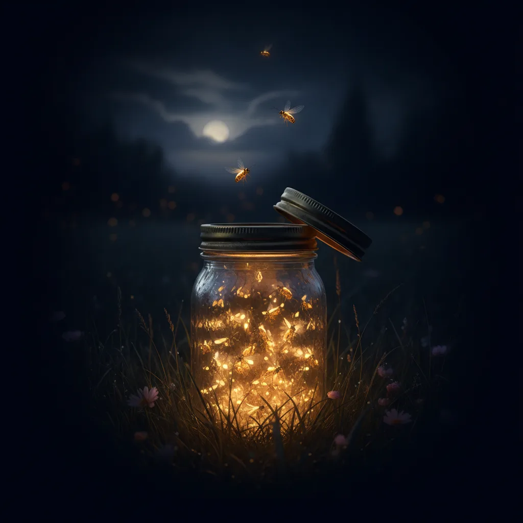 Open mason jar glowing with fireflies in a dark meadow at night